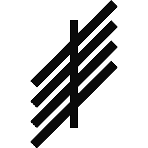 A simple, black ogham symbol with five parallel lines and a vertical line through the center.