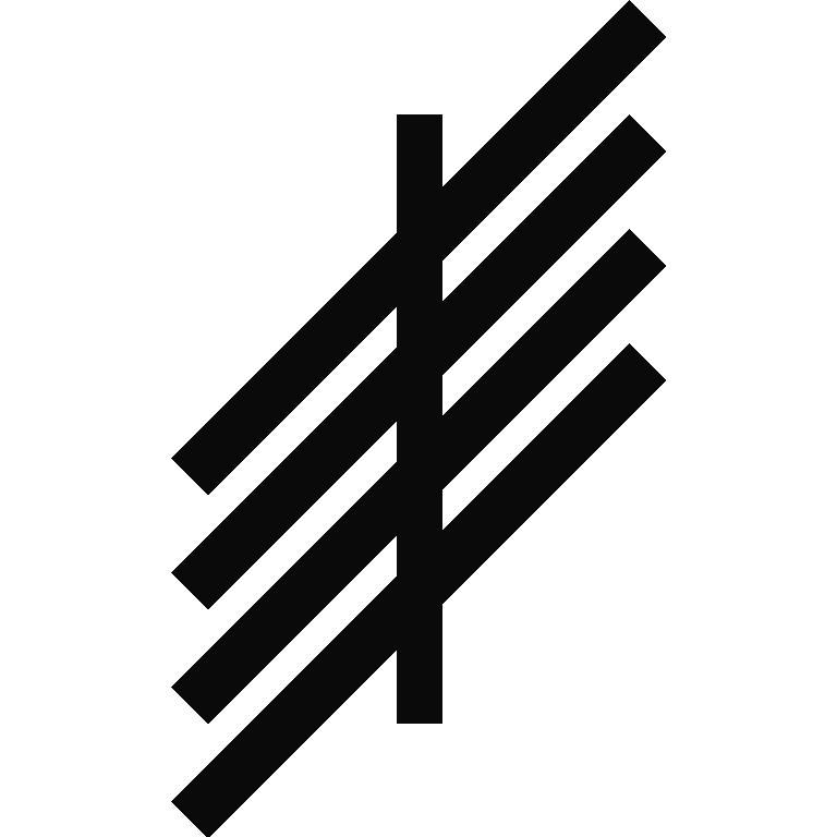 A simple, black ogham symbol with five parallel lines and a vertical line through the center.