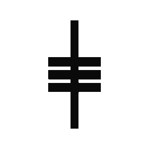 A black triskelion symbol with three spirals radiating from a central point.