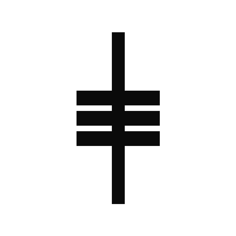 A black triskelion symbol with three spirals radiating from a central point.