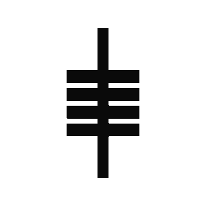 A black triskel symbol on a white background, featuring three interconnected spirals and a central vertical line.