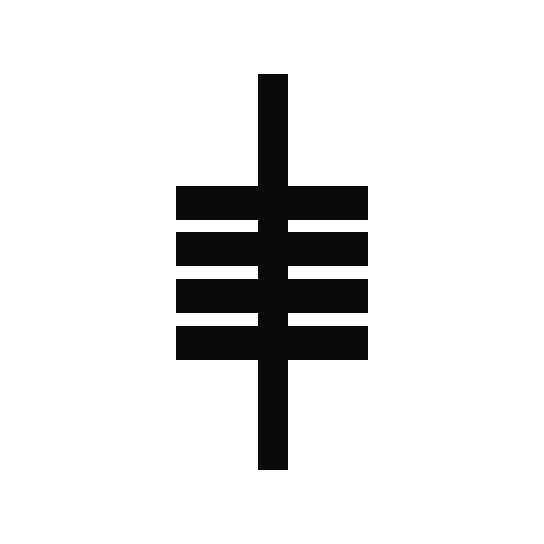 A black triskel symbol on a white background, featuring three interconnected spirals and a central vertical line.