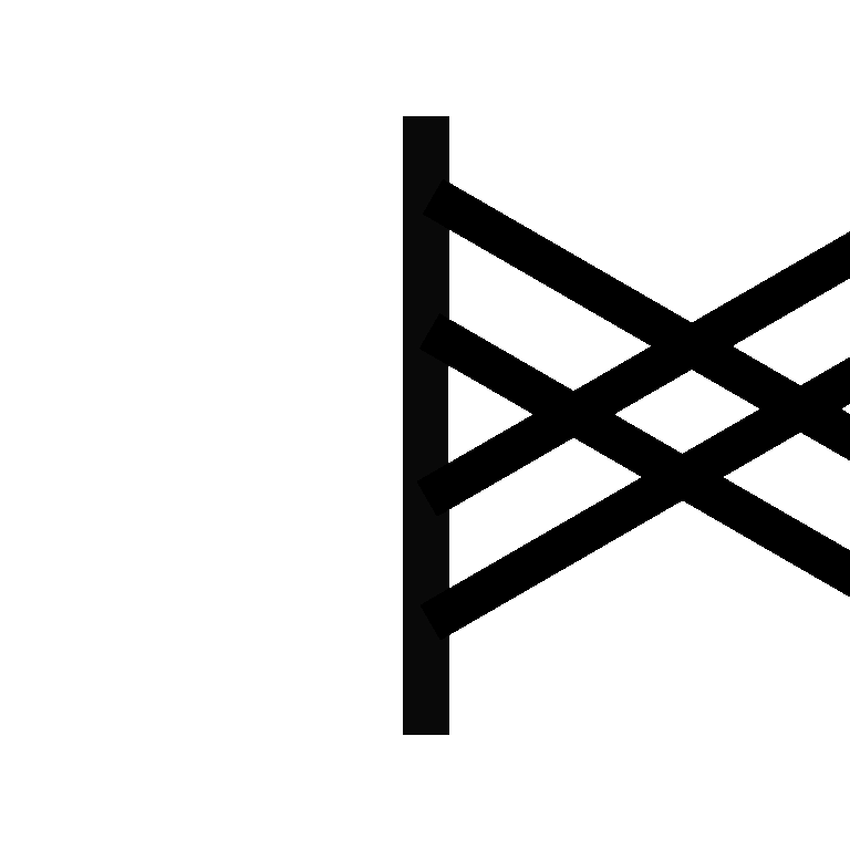 A simple black ogham character featuring five horizontal lines on a vertical stem, representing Celtic script.