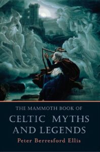 A mystical scene with an elderly figure playing a harp near spirits and ancient ruins under moonlight in a Celtic-inspired artwork.