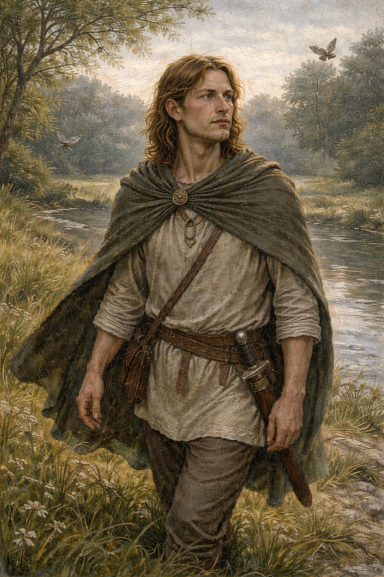 A detailed painting of a Celtic male figure in a serene natural landscape, emphasizing historical dress.