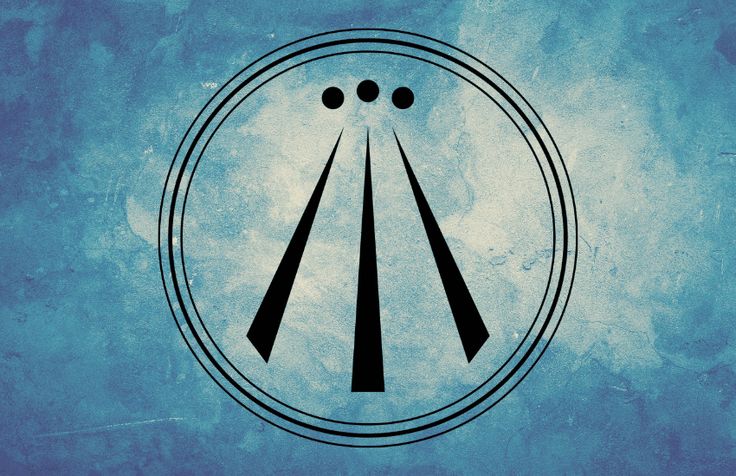 Black Celtic symbol on textured blue background, circular design with lines and dots.