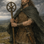 A detailed painting of a Celtic warrior dressed in traditional attire, holding a staff, against a mountainous landscape.