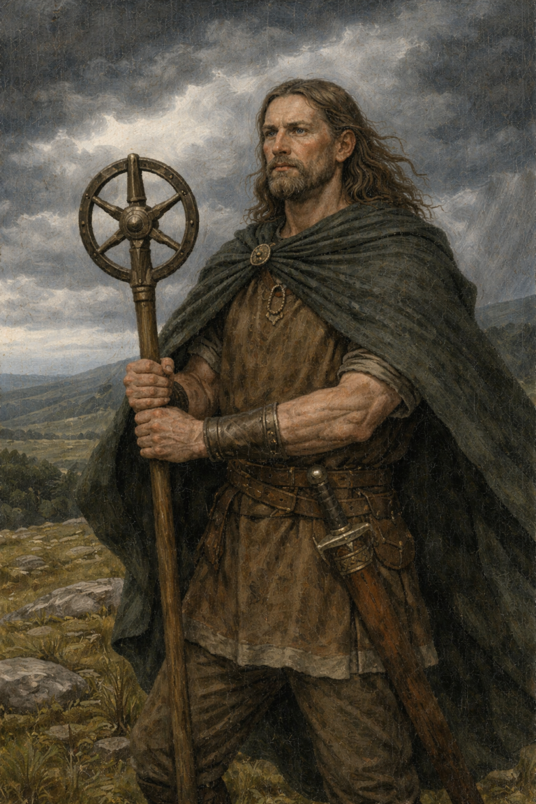 A detailed painting of a Celtic warrior dressed in traditional attire, holding a staff, against a mountainous landscape.