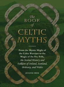 Illustration of a book cover featuring Celtic knot designs and green textured background.