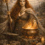 An outdoor Celtic ritual scene features a woman with red hair, wearing ornate jewelry, performing magic with a staff and cauldron amidst nature.