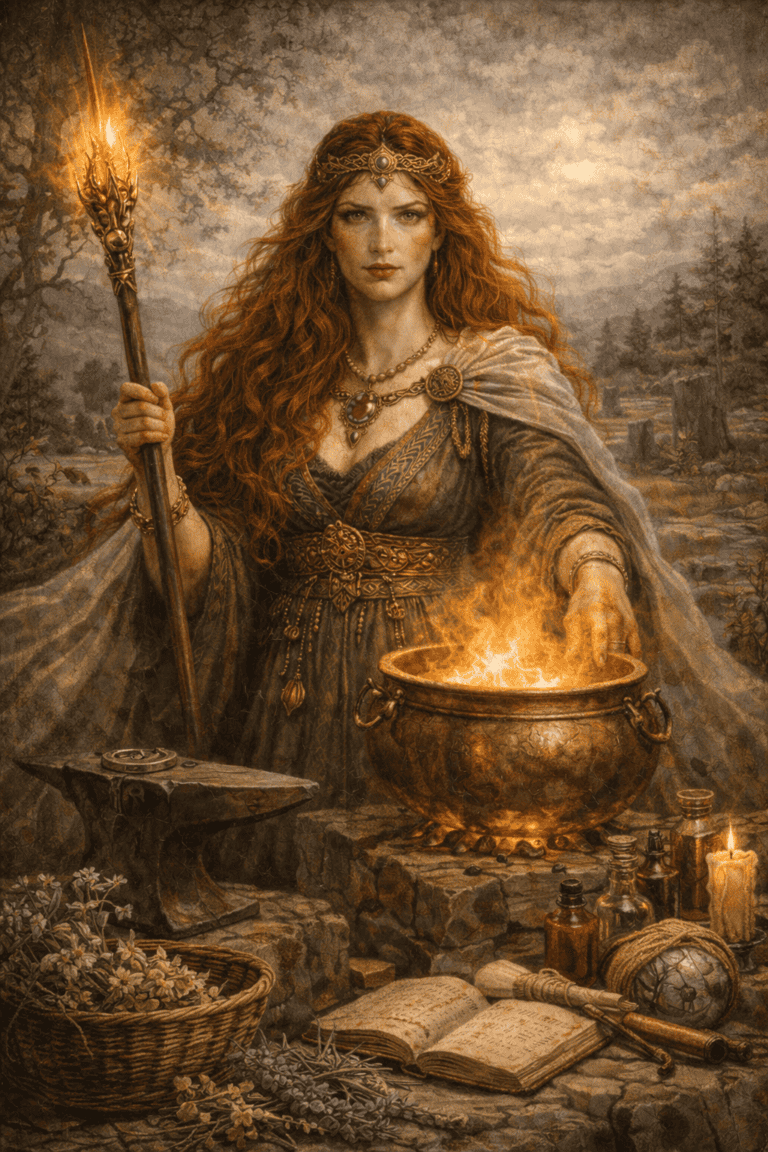 An outdoor Celtic ritual scene features a woman with red hair, wearing ornate jewelry, performing magic with a staff and cauldron amidst nature.