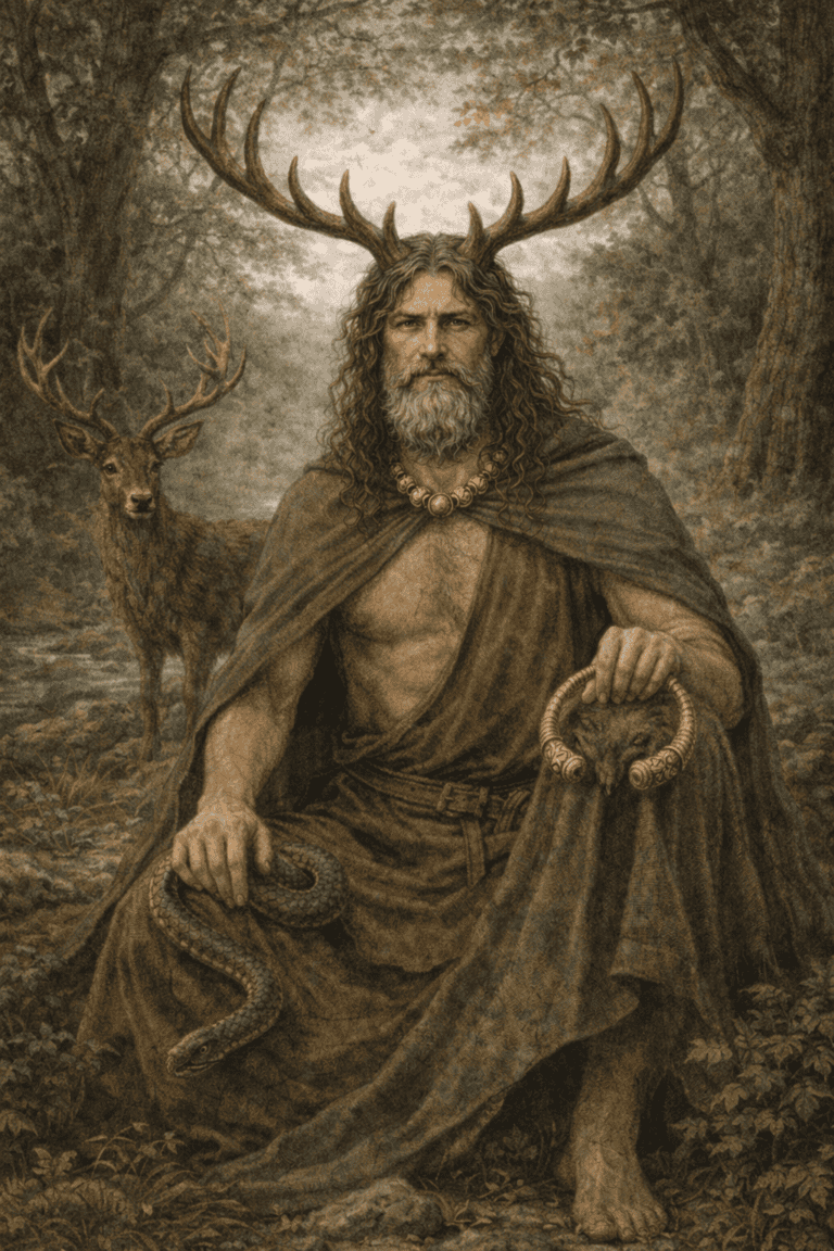 A druidic figure with antler headdress and animal companions in a woodland.