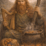 A bearded man dressed in ancient Celtic attire, holding a staff and a lyre, seated near a fire with a bubbling cauldron.