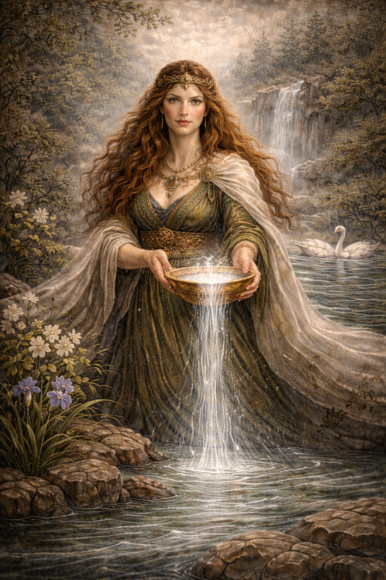 A woman with long, flowing red hair in ancient Celtic attire holds a glowing bowl over a stream.
