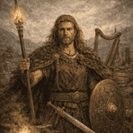 A medieval-style warrior holding a sword and shield, standing amidst tools and relics in a rocky outdoor setting.