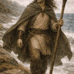 A historical figure dressed in earth-toned linen clothing, holding a staff near the water.