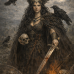 Alt text: Woman dressed as druid warrior holding skull and sword, surrounded by ravens and moonlit sky.