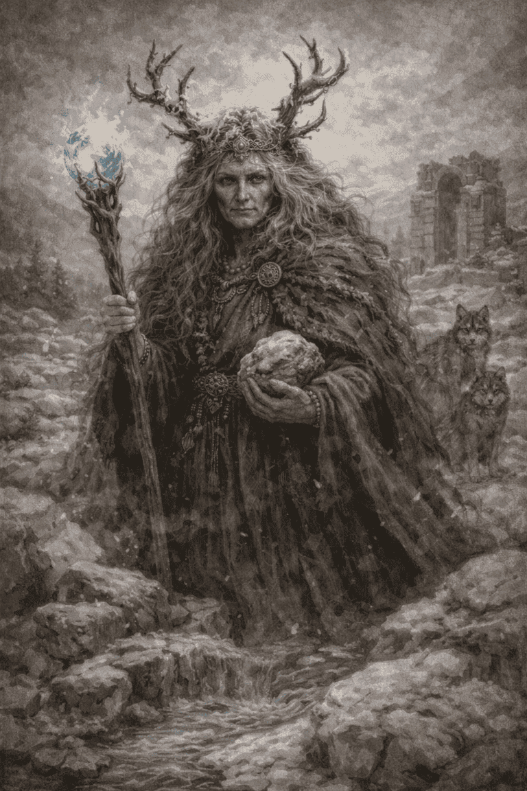 A druidic figure holding a staff with glowing orb and a stone, accompanied by wolves.