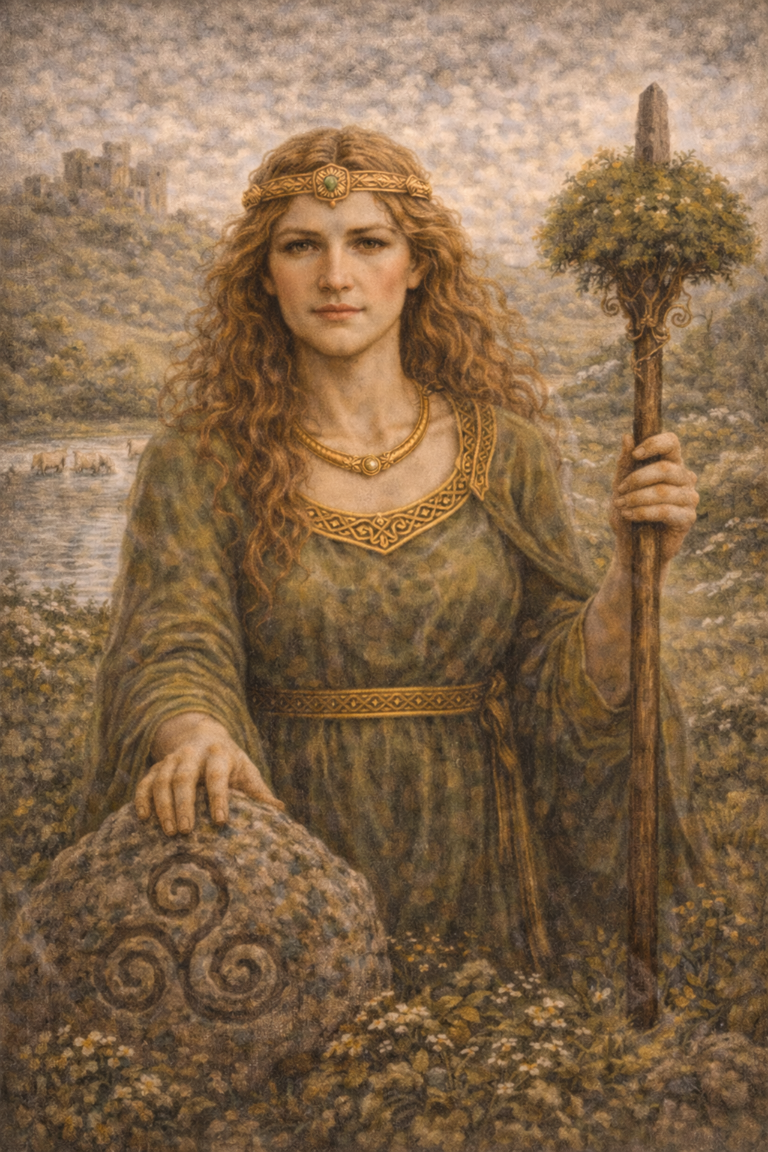 A woman with long, curly red hair, wearing Celtic jewelry, stands outdoors holding a carved ogham stick amidst greenery.