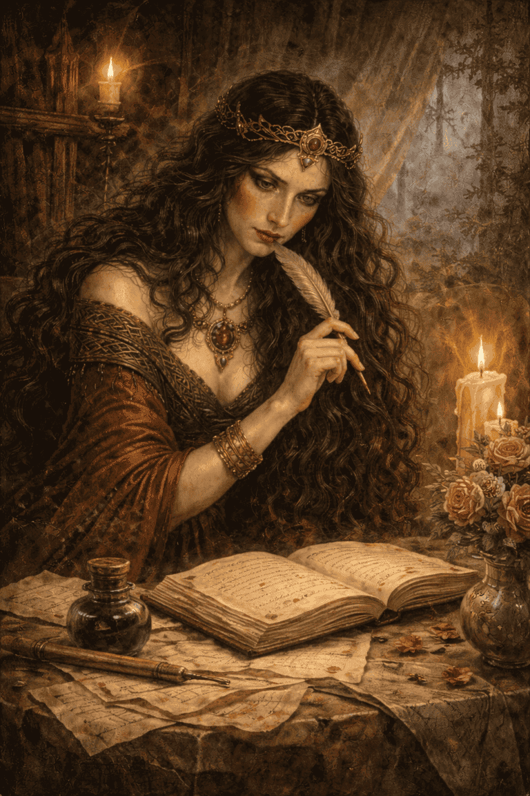 A woman with long curly hair wearing jewelry, writing with a quill at a candlelit table.