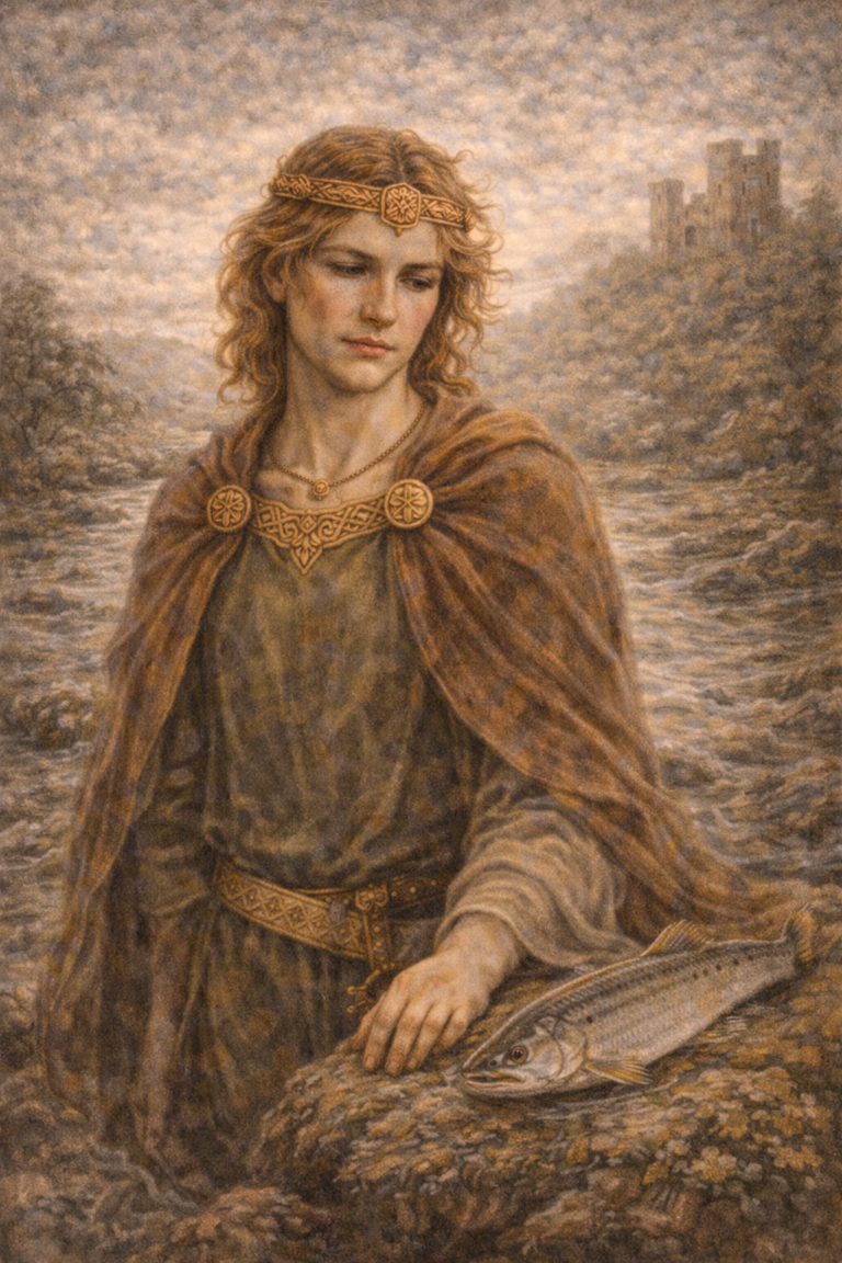 A young woman dressed in Celtic-style clothing sits by a river holding a fish, surrounded by trees and a castle in the background.