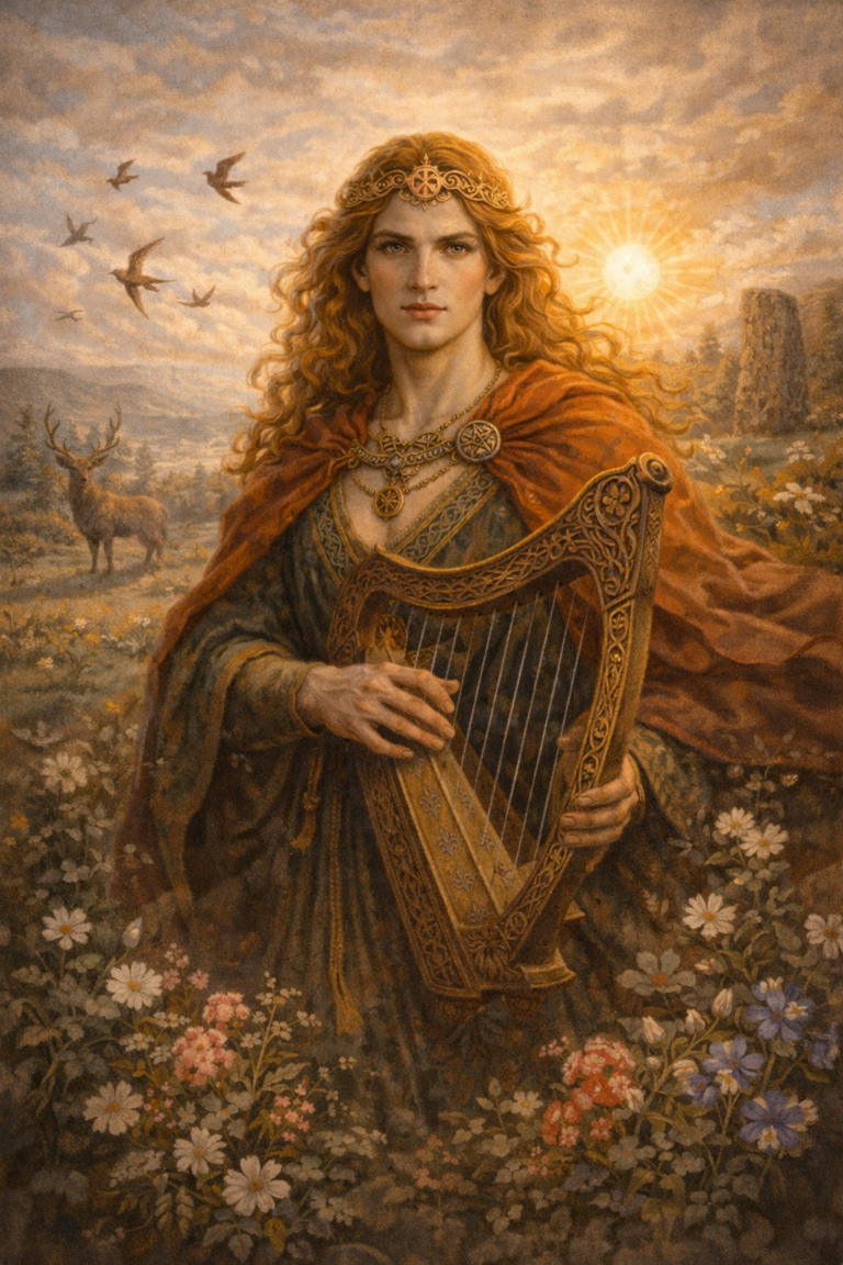 A woman with long, flowing hair, dressed in traditional Celtic attire, playing a harp amidst a scenic landscape with deer and birds.