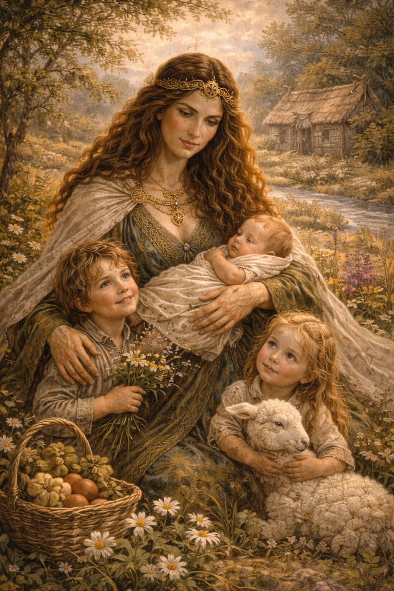 A peaceful scene of a woman with children, a sheep and a basket of apples in a lush field.