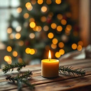 A lit candle on a wooden surface with sprigs of pine and soft, glowing lights in the background.