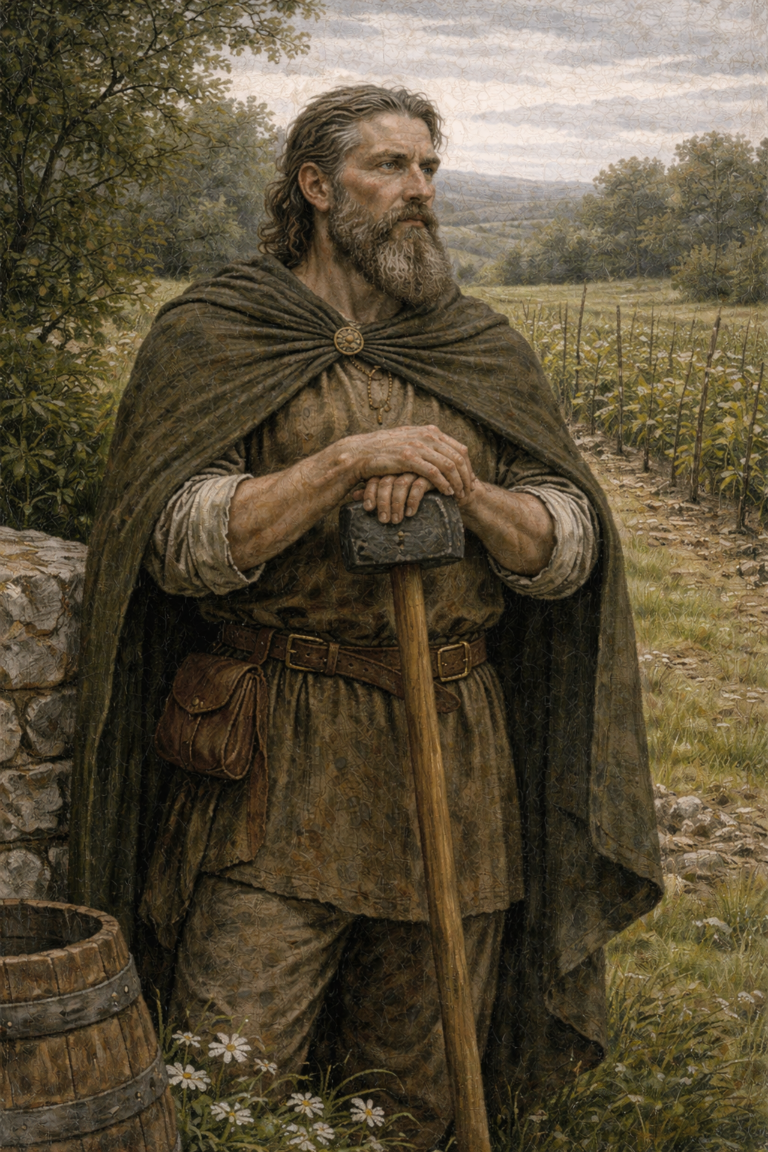 A bearded man dressed in Celtic-inspired clothing stands outdoors, overlooking a field with a walking stick.