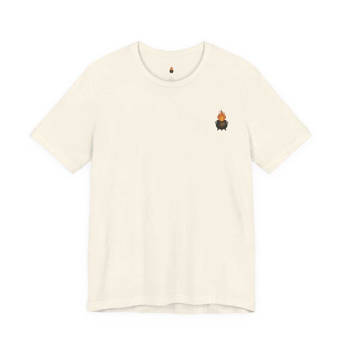 Minimalist T-shirt featuring a small arcane druid magic symbol with fire design.