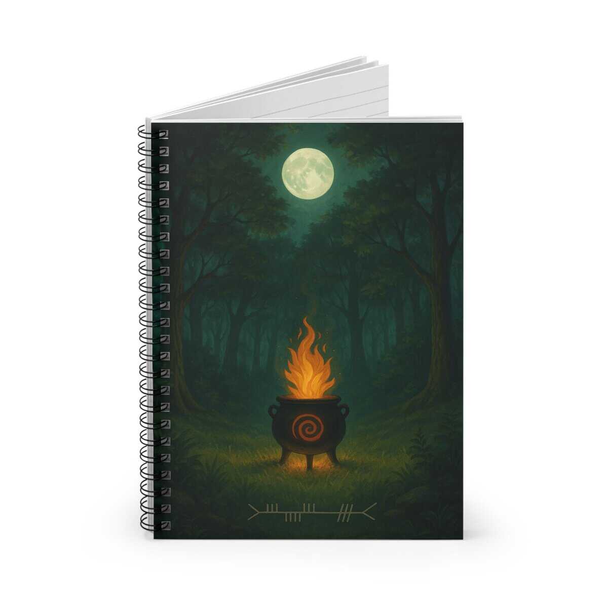 Vivid illustration of a glowing cauldron with fire in a dark forest, illuminated by a full moon, with ogham symbols at the bottom.