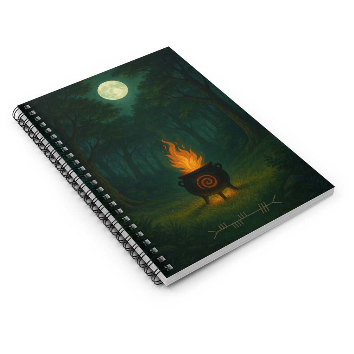 Mystical scene with a glowing cauldron burning in a lush, dark forest under the full moon.