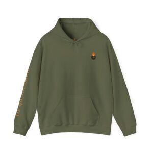 Green hoodie featuring small flame and cauldron graphic on chest; text on sleeve.