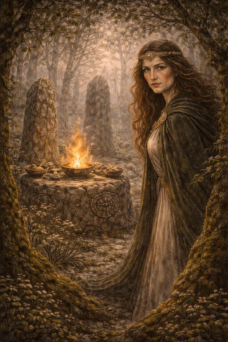 A woman druid in a forest setting, with ogham stones, a small fire, and ancient symbols, surrounded by trees and mist.
