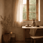 Bright natural light filters through a wooden-frame window illuminating a minimalist space.