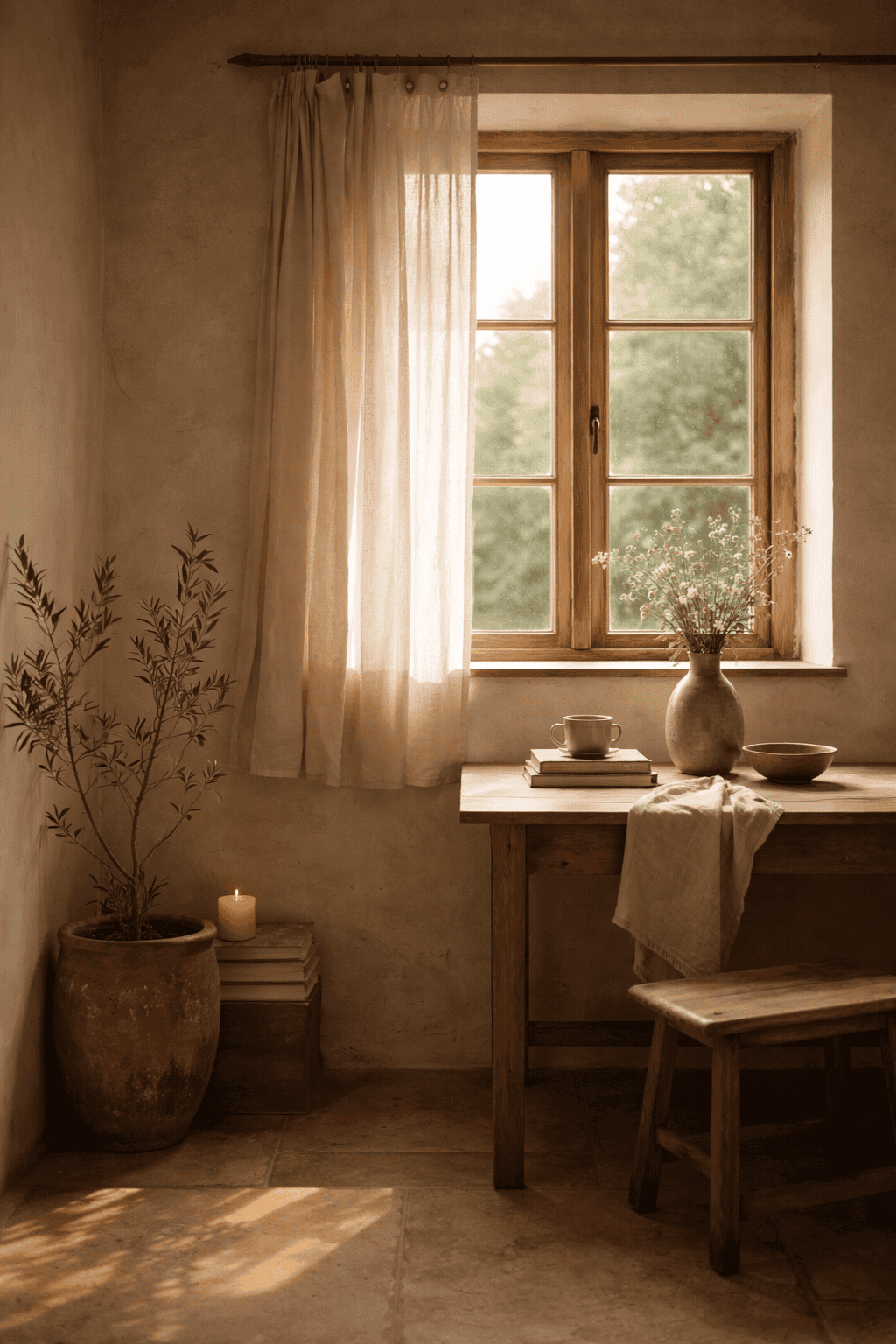 Bright natural light filters through a wooden-frame window illuminating a minimalist space.