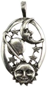 Pendant featuring a crescent moon, sun, and stars in a Celtic-inspired design.