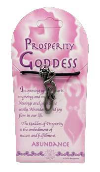 Modern Celtic prosperity goddess card with pink background and silver key charm.