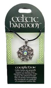 Pendant featuring Celtic knot design with a central blue stone.