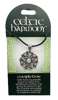 Pendant featuring Celtic knot design with a central blue stone.