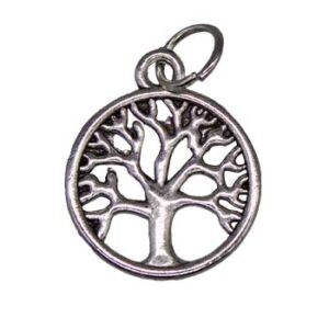 Tree of Life pendant in metal, circular design with intricate branches.