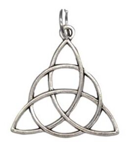A silver Celtic triquetra symbol pendant with smooth, rounded edges.
