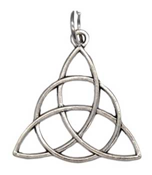 A silver Celtic triquetra symbol pendant with smooth, rounded edges.