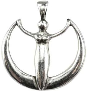 Silver pendant featuring a stylized human figure with outstretched arms, framed by crescent shapes,.
