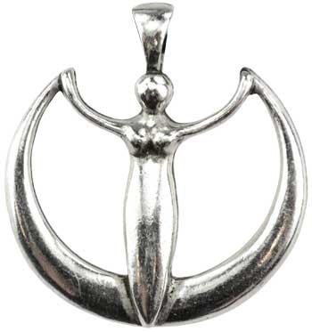 Silver pendant featuring a stylized human figure with outstretched arms, framed by crescent shapes,.