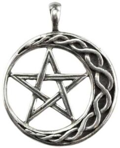 A silver pentacle pendant featuring a five-pointed star within a circular Celtic knot design.