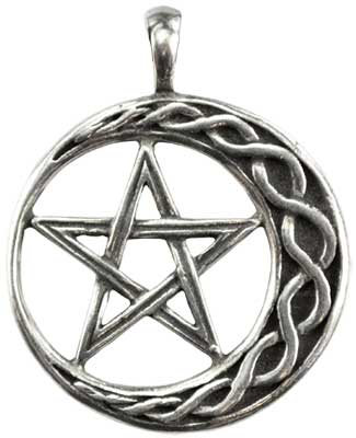 A silver pentacle pendant featuring a five-pointed star within a circular Celtic knot design.