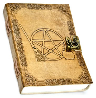 Old Celtic-style book with pentagram, ogham symbols, and decorative border, related to Celtic spirit.
