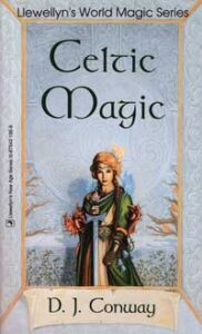 Illustration of a woman in Celtic attire holding a book, surrounded by nature elements.