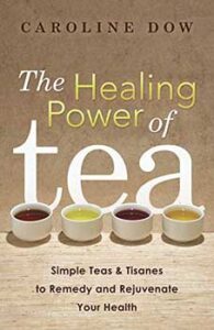 Book cover about the healing power of tea, featuring cups of different teas.